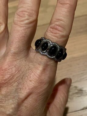 Silver-Tone Band Ring with Black Oval Stones